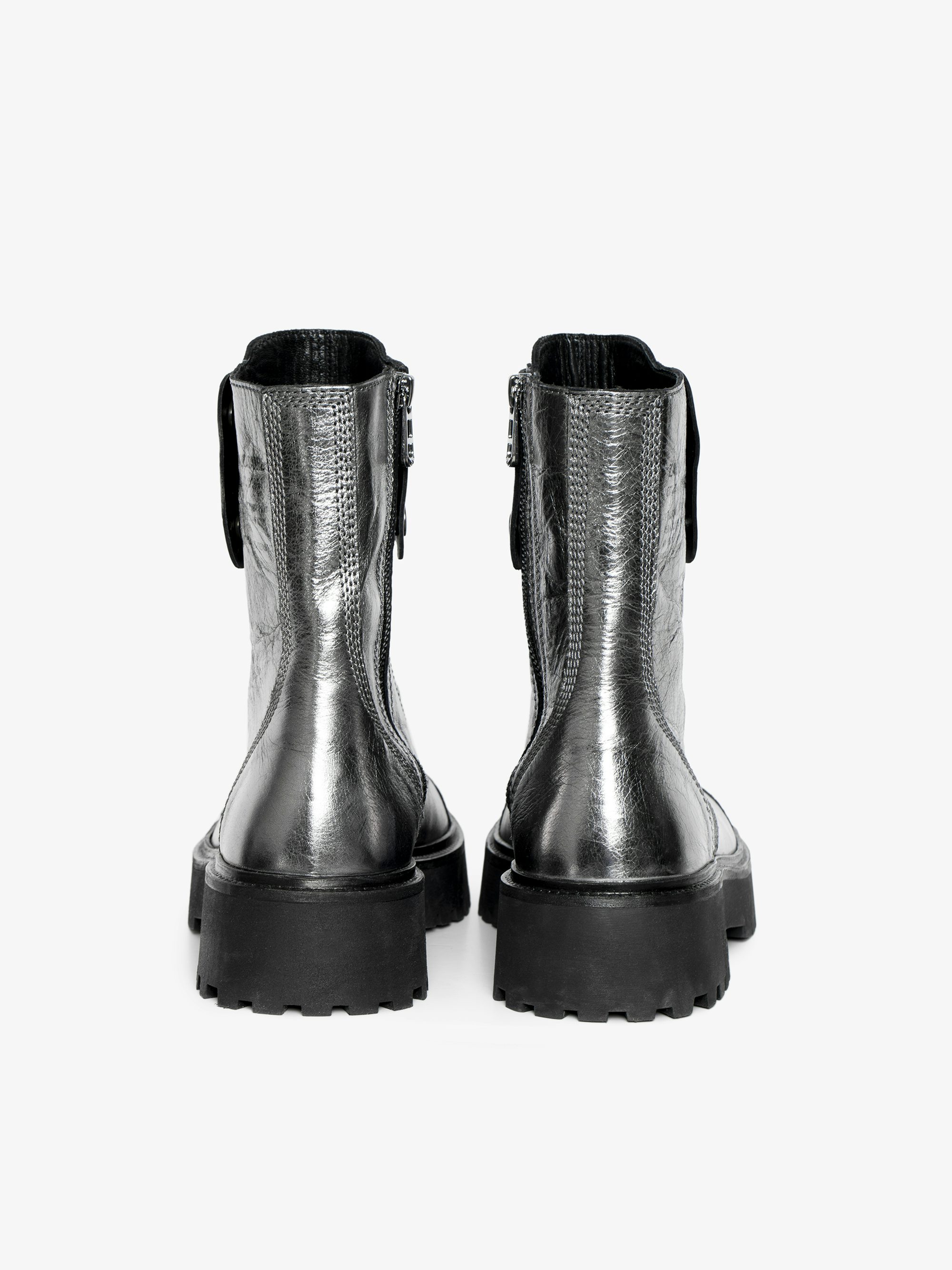 Joe Fast Vintage Metal Ankle Boots - Combat boots without laces in metallic crinkled leather with patches adorned with embossed wings.